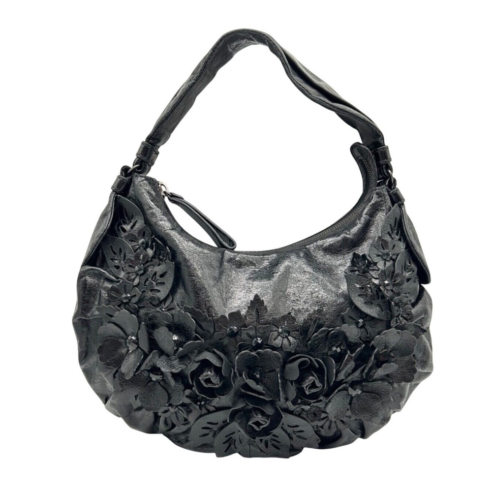Lockheart‎ Shoulder Bag 3D Embellished Flowers Bead Black Handbag Purse EUC